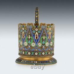 ANTIQUE 20thC IMPERIAL RUSSIAN SOLID SILVER-GILT ENAMEL TEA GLASS HOLDER c. 1910