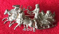 ANTIQUE BROOCH 84 SILVER 1800s IMPERIAL RUSSIAN TROIKA COSSACK 3 HORSES SLEIGH