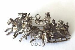 ANTIQUE BROOCH 84 SILVER 1800s IMPERIAL RUSSIAN TROIKA COSSACK 3 HORSES SLEIGH