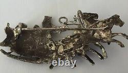 ANTIQUE BROOCH 84 SILVER 1800s IMPERIAL RUSSIAN TROIKA COSSACK 3 HORSES SLEIGH