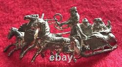 ANTIQUE BROOCH 84 SILVER 1800s IMPERIAL RUSSIAN TROIKA COSSACK 3 HORSES SLEIGH