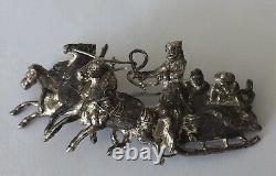 ANTIQUE BROOCH 84 SILVER 1800s IMPERIAL RUSSIAN TROIKA COSSACK 3 HORSES SLEIGH