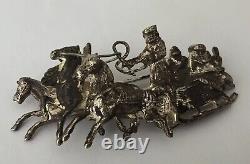 ANTIQUE BROOCH 84 SILVER 1800s IMPERIAL RUSSIAN TROIKA COSSACK 3 HORSES SLEIGH