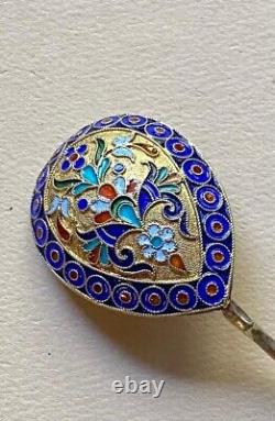 ANTIQUE c. 1889 IMPERIAL RUSSIAN 84 STERLING SILVER CLOISONNE ENAMEL SPOON