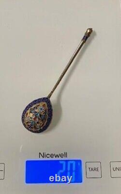 ANTIQUE c. 1889 IMPERIAL RUSSIAN 84 STERLING SILVER CLOISONNE ENAMEL SPOON