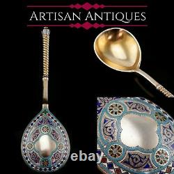 A Large Imperial Russian Solid Silver Enamel Champleve Spoon Ivan Khlebnikov