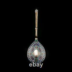 A Large Imperial Russian Solid Silver Enamel Champleve Spoon Ivan Khlebnikov