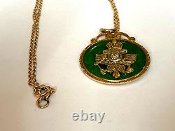 Ant. Imperial Russian Faberge KF Gold 56 Green Enamel Diamond Pendant Necklace