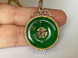 Ant. Imperial Russian Faberge KF Gold 56 Green Enamel Diamond Pendant Necklace