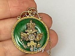 Ant. Imperial Russian Faberge KF Gold 56 Green Enamel Diamond Pendant Necklace