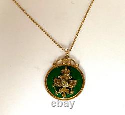 Ant. Imperial Russian Faberge KF Gold 56 Green Enamel Diamond Pendant Necklace