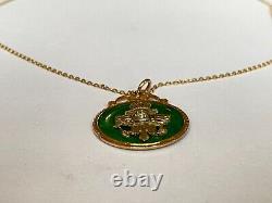 Ant. Imperial Russian Faberge KF Gold 56 Green Enamel Diamond Pendant Necklace