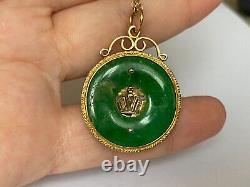 Ant. Imperial Russian Faberge KF Gold 56 Green Enamel Diamond Pendant Necklace