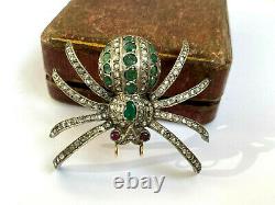 Ant. Imperial Russian Faberge Spider Brooch 14k 56 Gold Diamonds Ruby Emeralds #