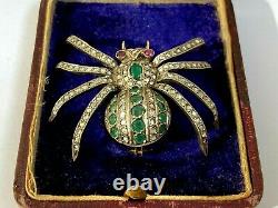 Ant. Imperial Russian Faberge Spider Brooch 14k 56 Gold Diamonds Ruby Emeralds #