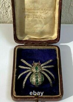 Ant. Imperial Russian Faberge Spider Brooch 14k 56 Gold Diamonds Ruby Emeralds #