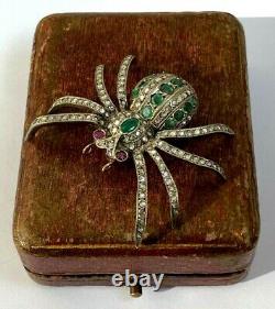 Ant. Imperial Russian Faberge Spider Brooch 14k 56 Gold Diamonds Ruby Emeralds #