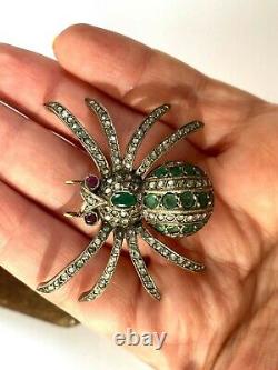 Ant. Imperial Russian Faberge Spider Brooch 14k 56 Gold Diamonds Ruby Emeralds #