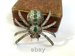 Ant. Imperial Russian Faberge Spider Brooch 14k 56 Gold Diamonds Ruby Emeralds #