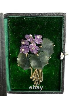 Ant. Rare Imperial Russian Faberge 14k Gold 56 Jade Diamond Amethyst Lady Brooch