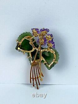 Ant. Rare Imperial Russian Faberge 14k Gold 56 Jade Diamond Amethyst Lady Brooch