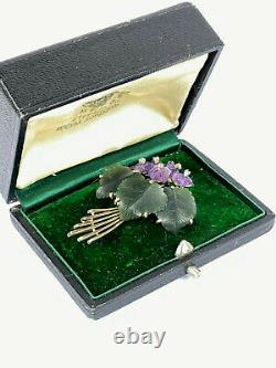 Ant. Rare Imperial Russian Faberge 14k Gold 56 Jade Diamond Amethyst Lady Brooch