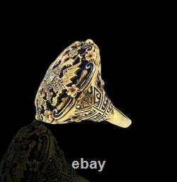 Antique 0.95 Ct Diamond 925 Silver Blue Enamel Russian Imperial Egale Ring