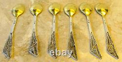 Antique 19 th Russian, 875 Silver Lot 6 Mocha coffee partially gilded Spoon