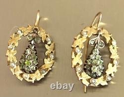 Antique 19th Imperial Russian 14k Rose Gold Pearls Peridot Earrings Kokoshnik IA