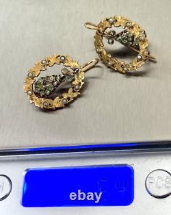 Antique 19th Imperial Russian 14k Rose Gold Pearls Peridot Earrings Kokoshnik IA