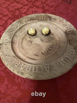 Antique 19th century Russian imperial round wooden carving plate handmade
