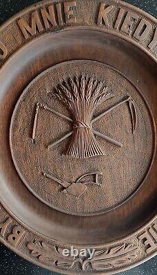 Antique 19th century Russian imperial round wooden carving plate handmade RARE