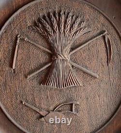 Antique 19th century Russian imperial round wooden carving plate handmade RARE