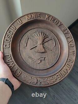 Antique 19th century Russian imperial round wooden carving plate handmade RARE