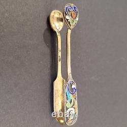 Antique 2 7/8 Sugar Tongs Imperial Russian Cloisonné Enamel 84 Silver