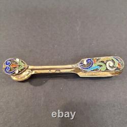 Antique 2 7/8 Sugar Tongs Imperial Russian Cloisonné Enamel 84 Silver