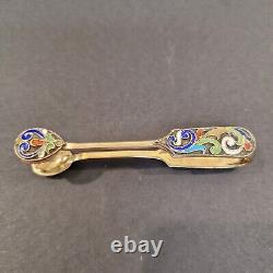 Antique 2 7/8 Sugar Tongs Imperial Russian Cloisonné Enamel 84 Silver