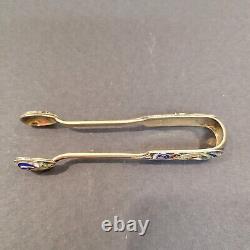 Antique 2 7/8 Sugar Tongs Imperial Russian Cloisonné Enamel 84 Silver