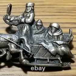 Antique 875 Silver Troika Brooch Pin IMPERIAL RUSSIAN SLIEGH RIDE Horses Figural