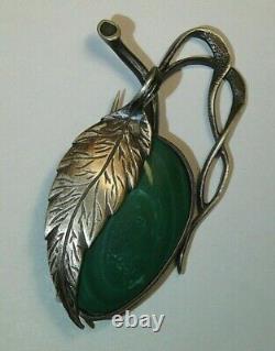 Antique Brooch Sterling Silver 84 Malachite Stone Imperial 1917 Hallmarks