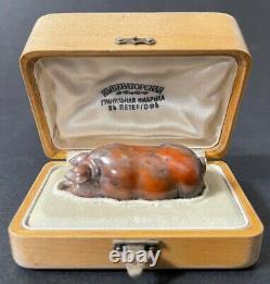 Antique Faberge Imperial Russian Factory Carved Agate Pig in Box