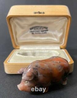 Antique Faberge Imperial Russian Factory Carved Agate Pig in Box