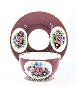 Antique Gardner Imperial Russian Ruby Colour Hand Painted Porcelain Cup & Saucer