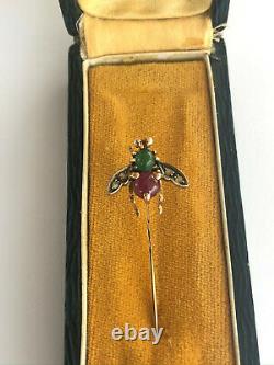 Antique INSECT Stick Pin Brooch Imperial Russian Faberge 14k Gold Ruby Diamond