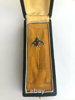 Antique INSECT Stick Pin Brooch Imperial Russian Faberge 14k Gold Ruby Diamond