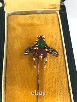 Antique INSECT Stick Pin Brooch Imperial Russian Faberge 14k Gold Ruby Diamond