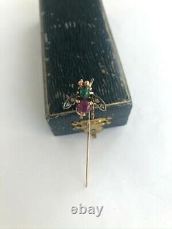 Antique INSECT Stick Pin Brooch Imperial Russian Faberge 14k Gold Ruby Diamond