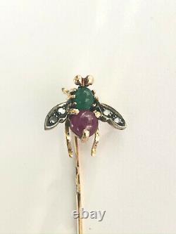 Antique INSECT Stick Pin Brooch Imperial Russian Faberge 14k Gold Ruby Diamond