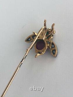 Antique INSECT Stick Pin Brooch Imperial Russian Faberge 14k Gold Ruby Diamond