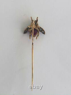 Antique INSECT Stick Pin Brooch Imperial Russian Faberge 14k Gold Ruby Diamond